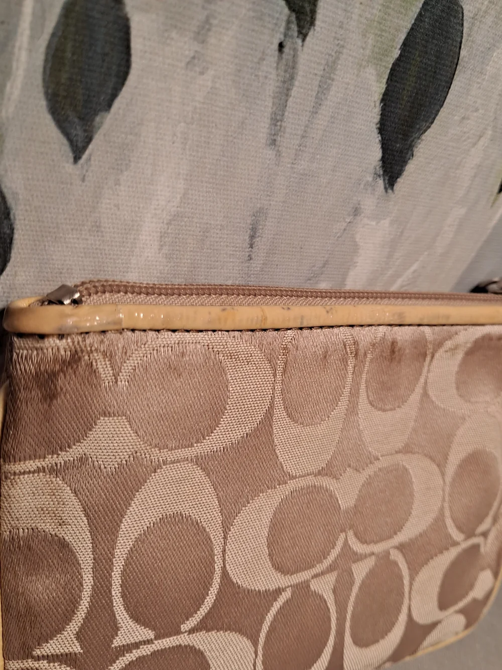 Coach Poppy Signature Khaki Gold Y2k Monogram Jacquard Zip Top Wristlet Pouch